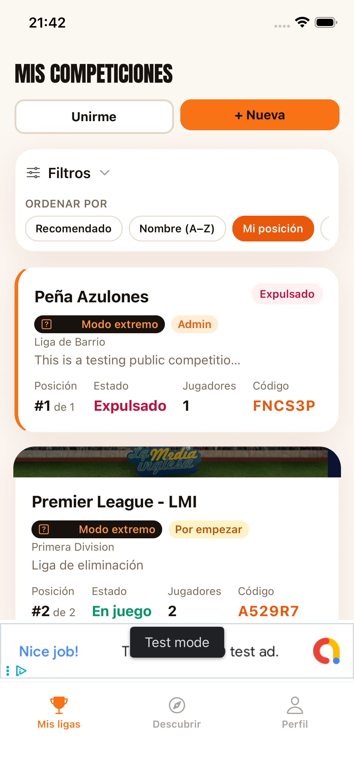 Pantalla de Survivor con el listado de ligas de una persona participante.